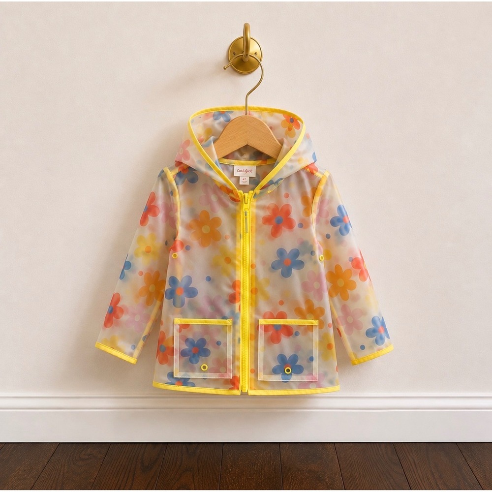 Cat & Jack Toddler Girl Floral Translucent Raincoat Hooded Jacket Yellow 4T